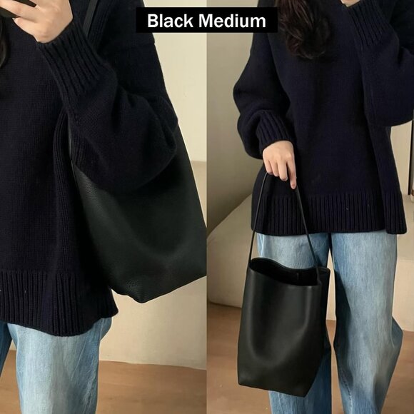 Genuine Leather Bucket Bag with Credit Card Holder, Medium Size, Black - Picture 7 of 9